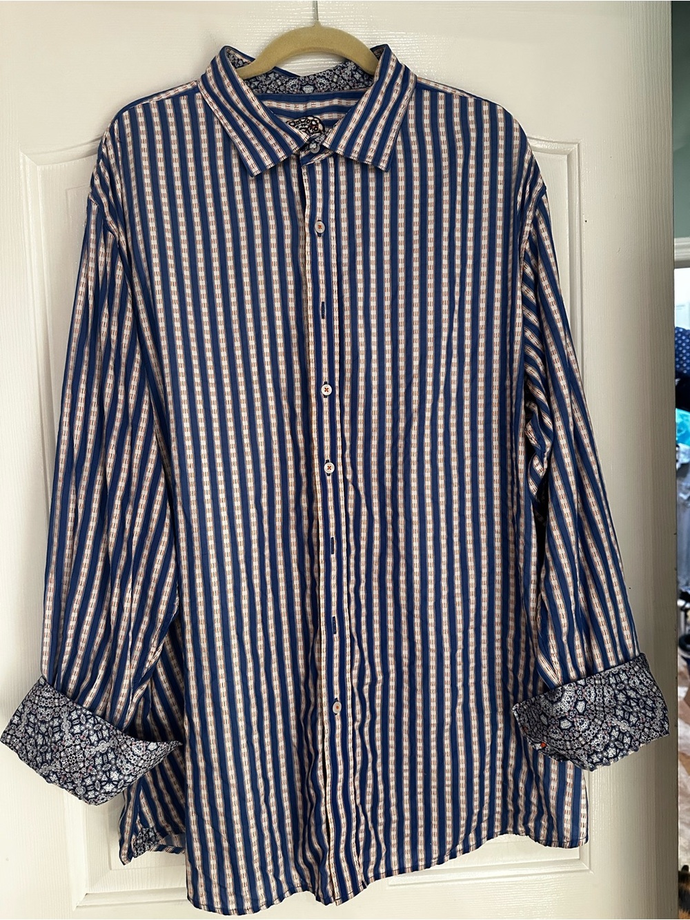 Robert Graham Navy Blue and White Striped Dress Shirt with Printed Cuffs